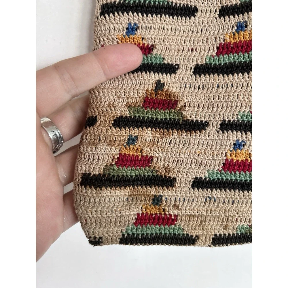 Vintage Tapestry Tight Knit Craft Bag Crochet Needlework Knitting Wood Handles - Picture 4 of 16